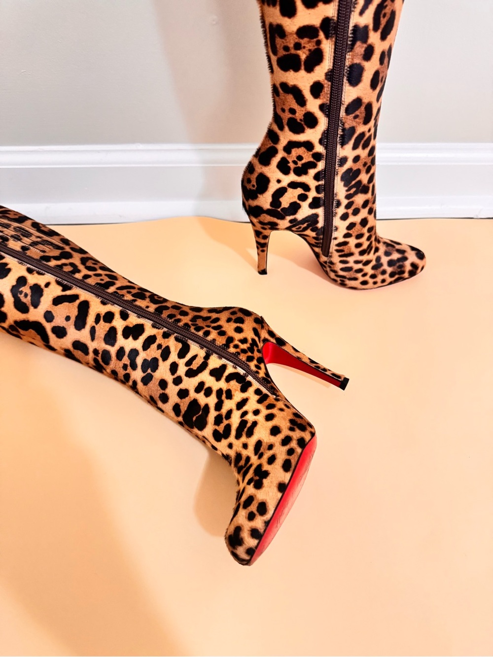 Christian Louboutin Leopard Pony Hair Knee High Boots Red Sole EU 35 - Picture 4 of 12
